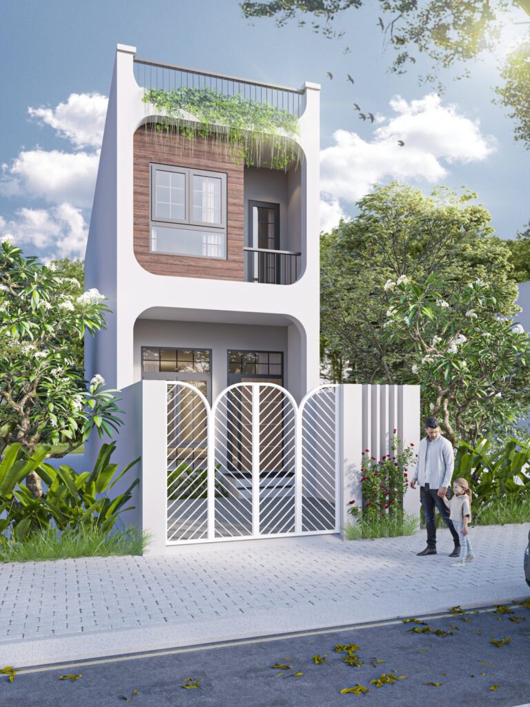Phối cảnh 3D nhà phố cổng vòm trắng, bản duyệt trước khi thi công