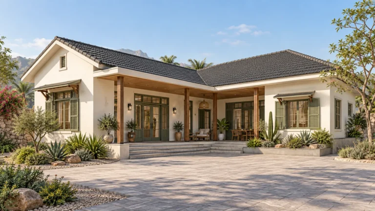 Phối cảnh 3D nhà cấp 4 chữ L farmhouse xanh sage