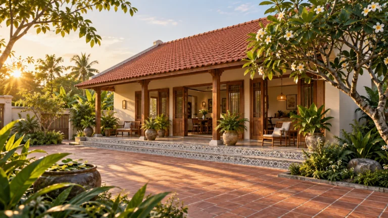 Phối cảnh 3D nhà Việt mái ngói đỏ, sân gạch ấm