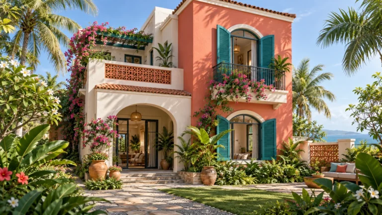 Phối cảnh 3D tropical màu trẻ, coral và teal