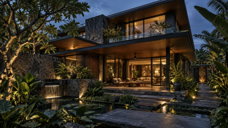 Phối cảnh 3D tropical dark resort, đá đen, ánh đèn