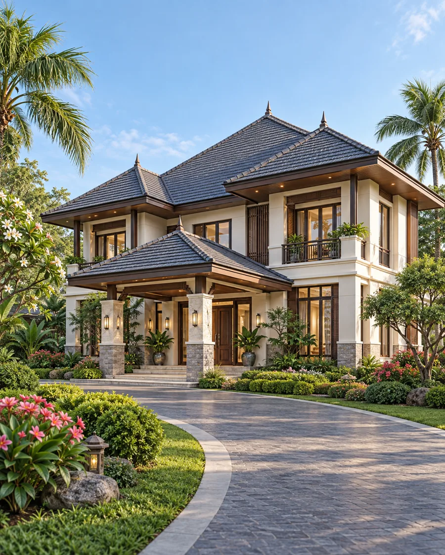 Thiết kế 3D biệt thự mái Thái 2 tầng với mái dốc nhiều lớp