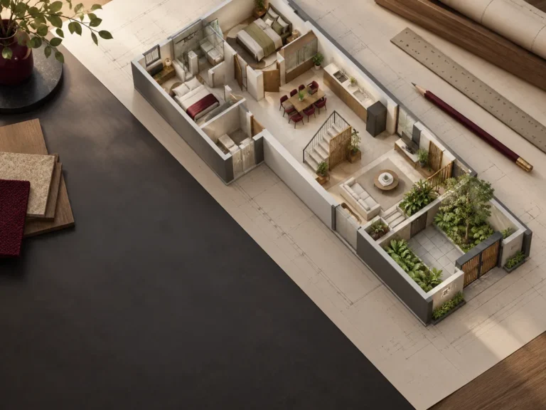 Mô hình 3D mặt bằng một tầng nhà ống: phòng ngủ, bếp ăn, cầu thang, phòng khách và sân trước