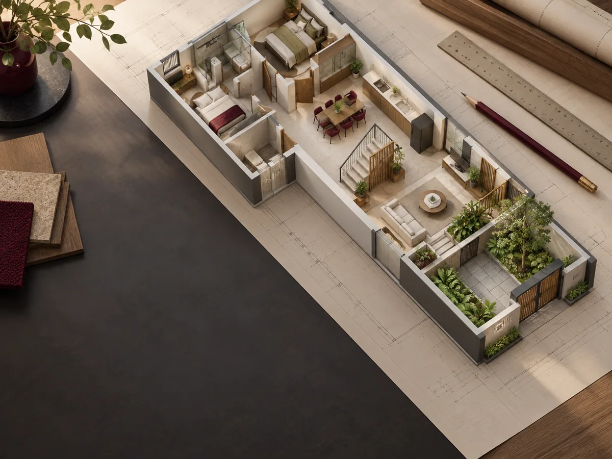Phối cảnh 3D mặt bằng công năng nhà phố với các không gian và đồ nội thất