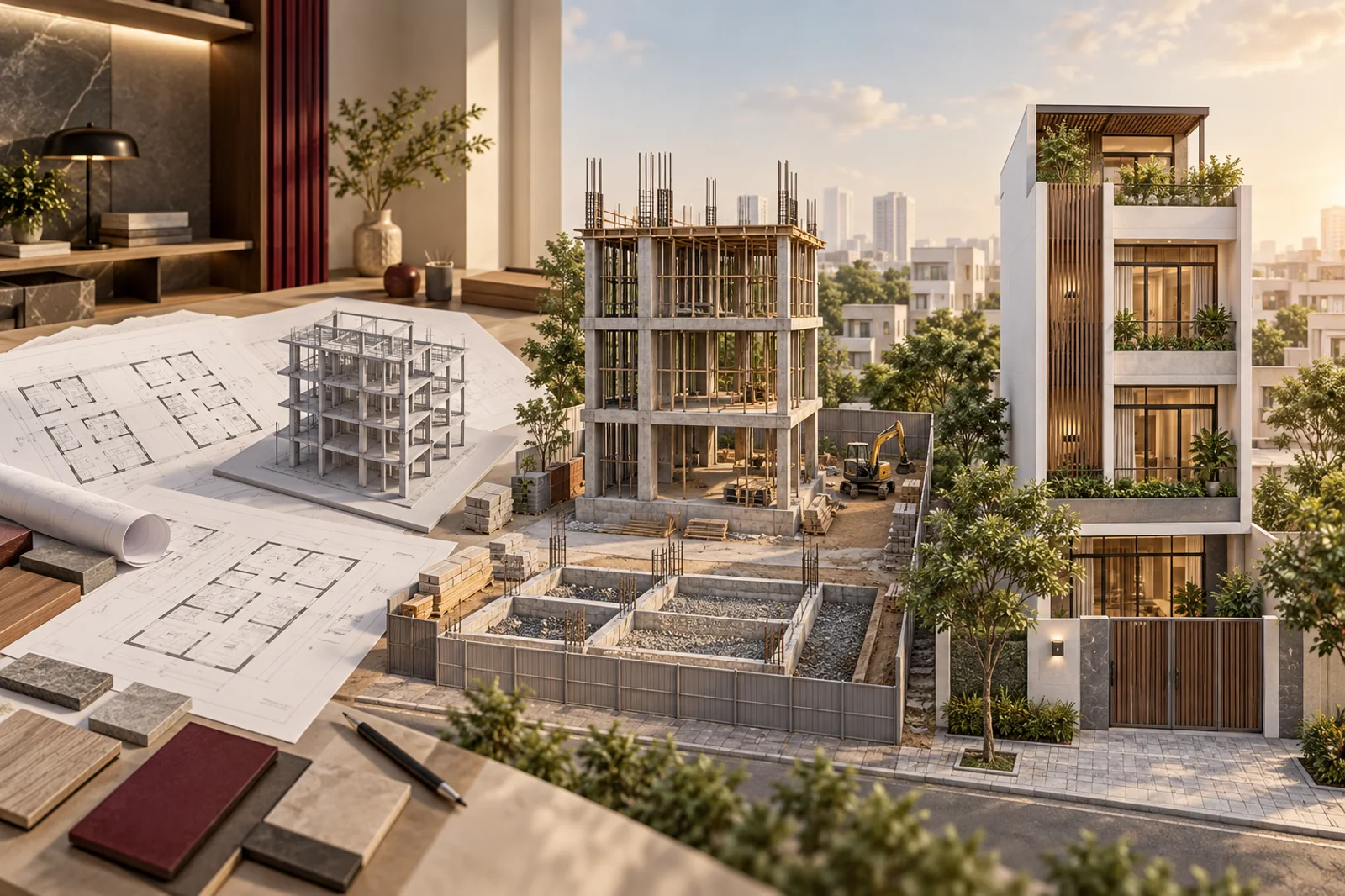 Thiết kế 3D thể hiện tiến trình từ bản vẽ, kết cấu thi công đến nhà hoàn thiện