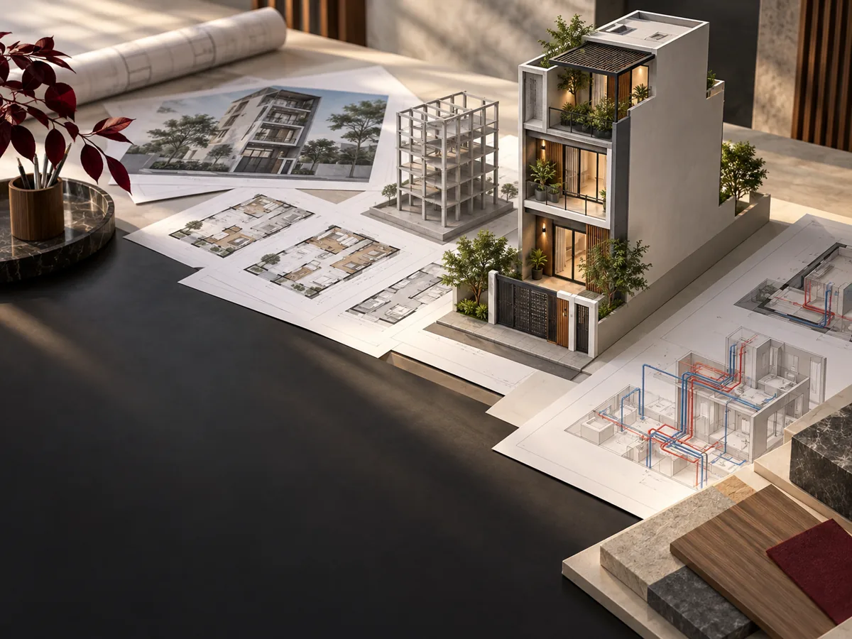 Thiết kế 3D mô hình nhà phố, bản vẽ kiến trúc, kết cấu và hệ thống kỹ thuật