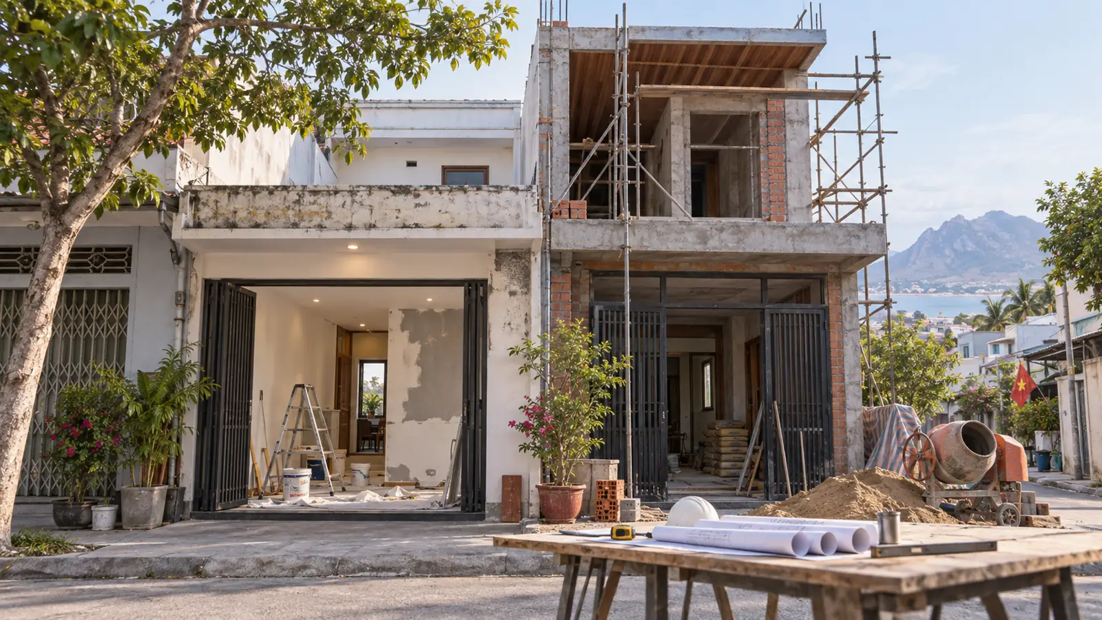 Phối cảnh so sánh sửa hoàn thiện và cải tạo nâng tầng nhà phố cần xem xét giấy phép