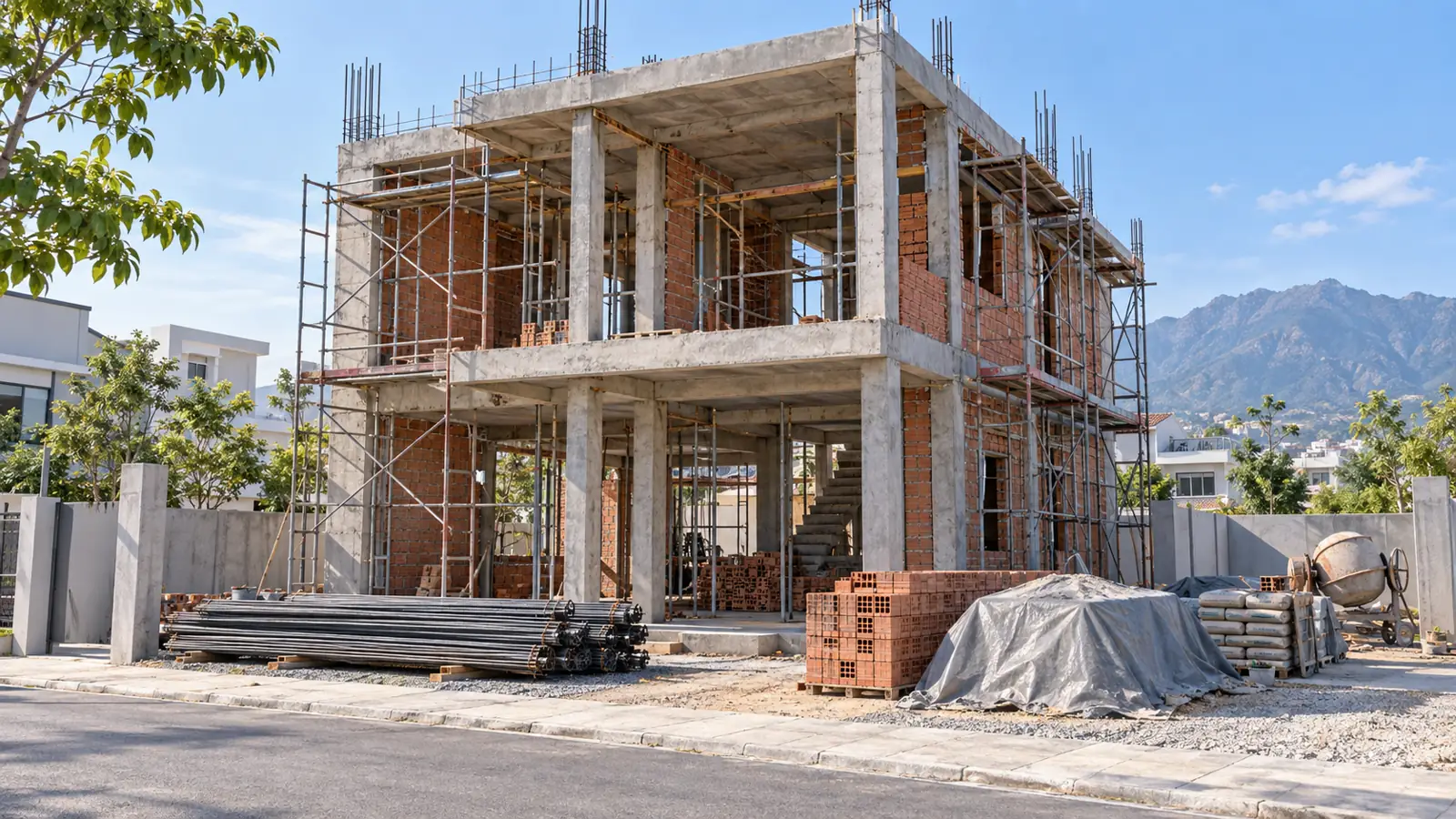 Phối cảnh giai đoạn thi công phần thô nhà hai tầng với khung bê tông và tường gạch